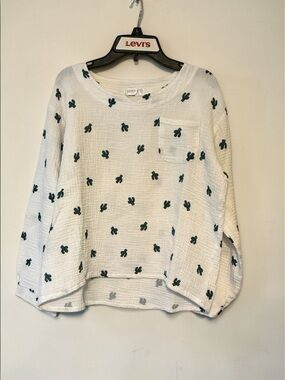 Ethan & Lucy White Cotton Gauze Cactus Print Boho Womens Large Top Casual Comfy